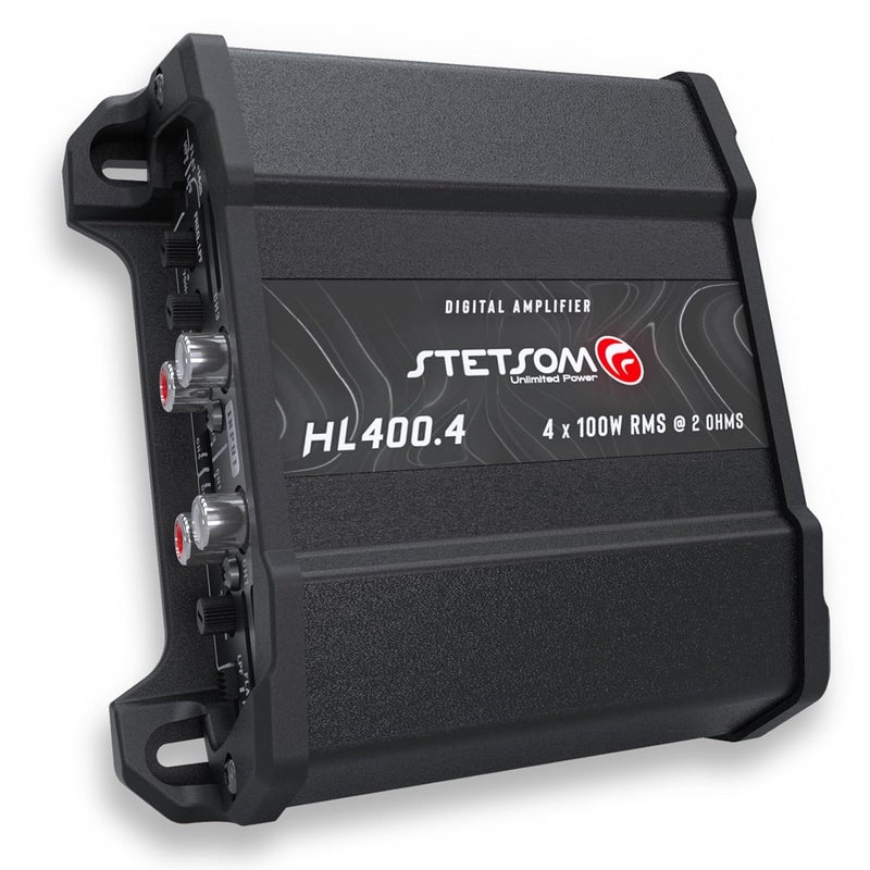 Stetsom HL 400x4 2 Ohms - Compact Digital 4 Channel Amplifier, 400W RMS 400x4, Full Range, High Input, Bass Boost Gain + 14db (Variable Adjustment 30-75hz), Multichannel, Digital Sound, Crossover - Image 1